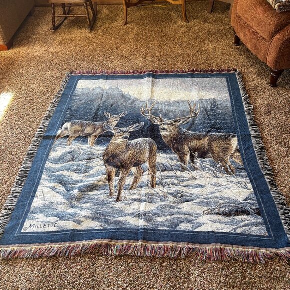 Deer Buck Doe Tapestry Throw Blanket Millette Lodge Cabin Man Cave Home Decor - Picture 7 of 7